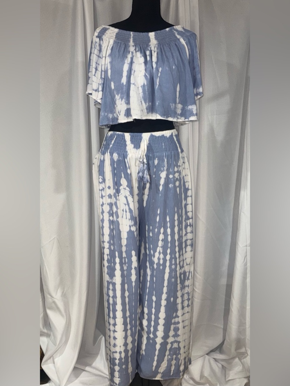 Smocked Waist Wide Leg Pants in Light Blue & White Tie-Dye